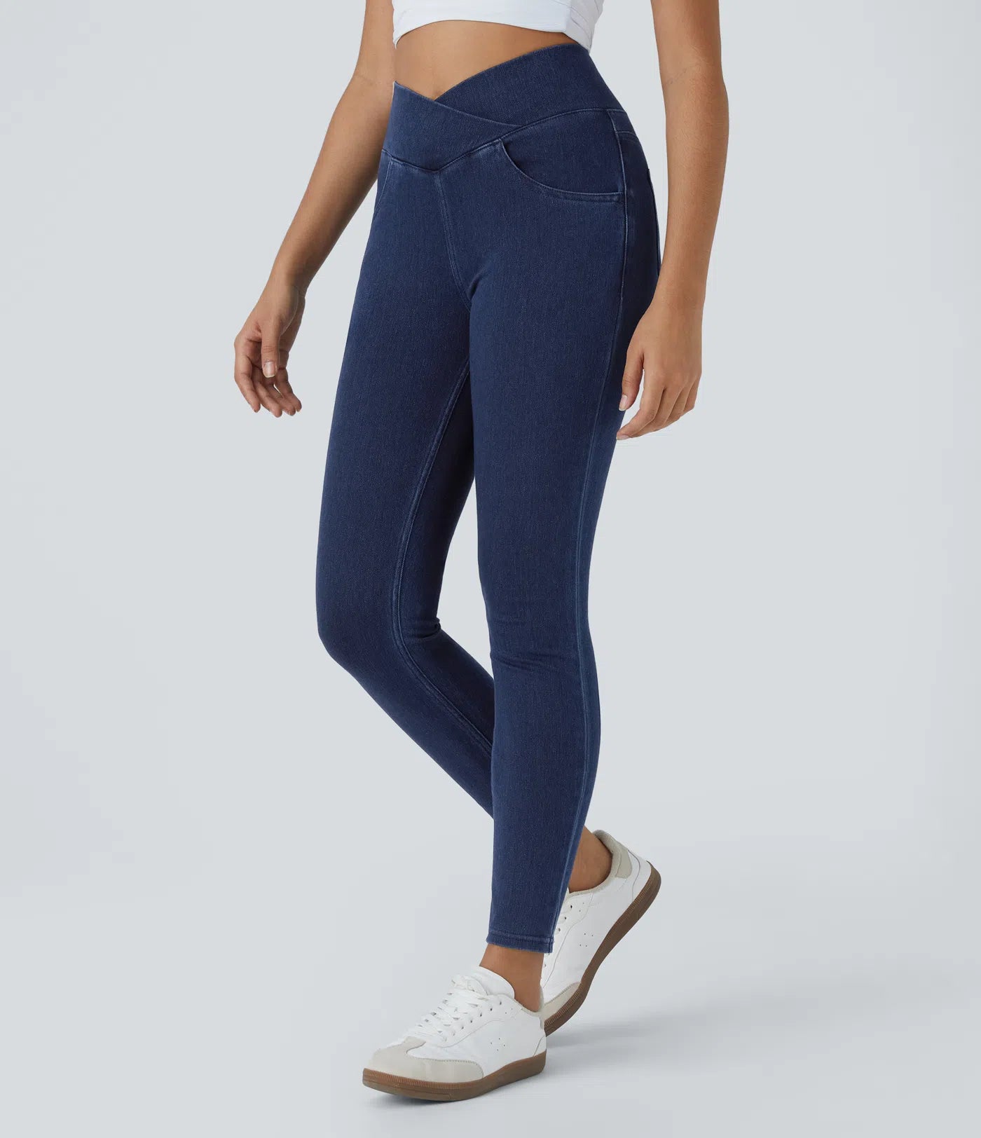 High Waisted Crossover Pockets Denim Work Leggings