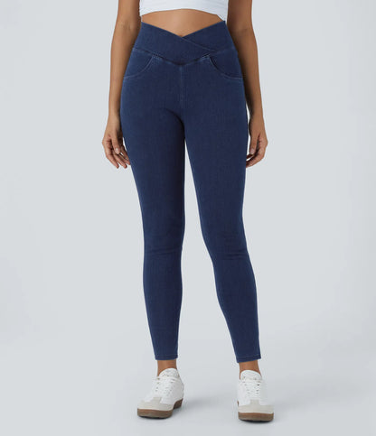 High Waisted Crossover Pockets Denim Work Leggings