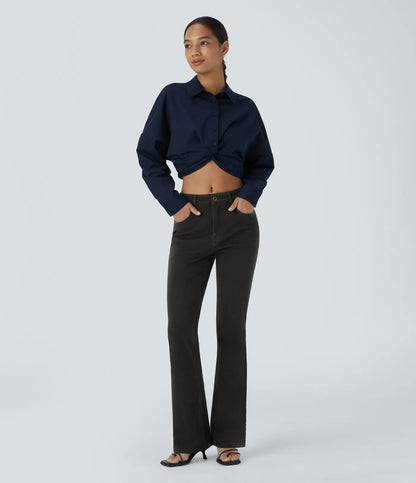 بنطال جينز مريح متوسط ​​الارتفاع وواسع الساق