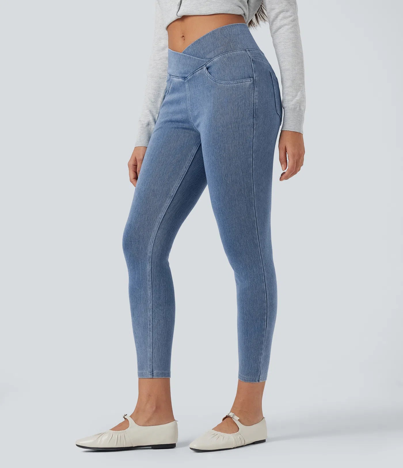 High Waisted Crossover Pockets Denim Work Leggings
