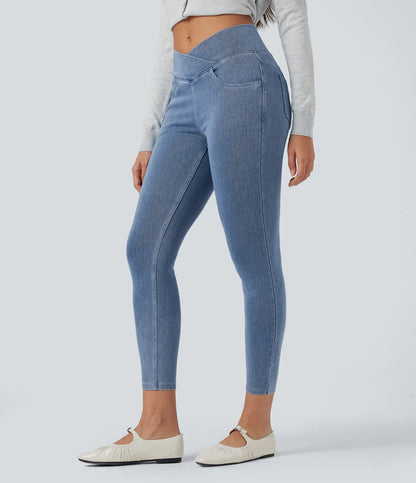 High Waisted Crossover Pockets Denim Work Leggings