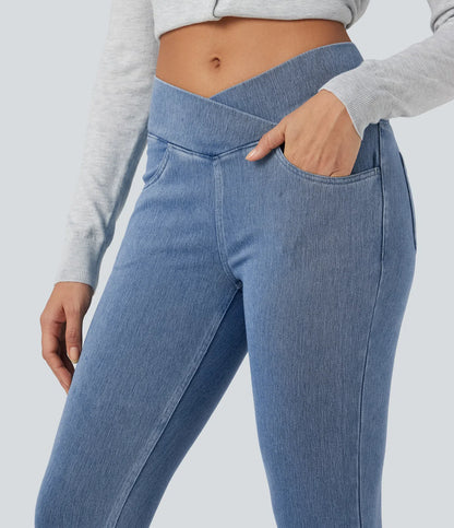 High Waisted Crossover Pockets Denim Work Leggings