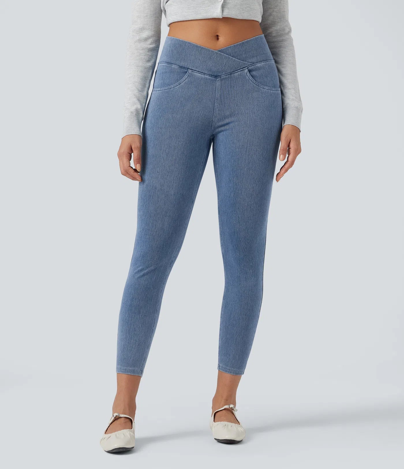 High Waisted Crossover Pockets Denim Work Leggings