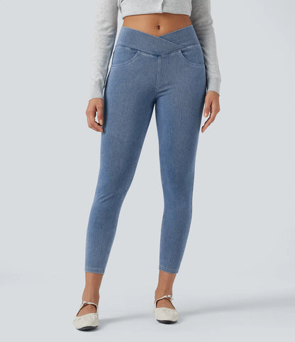 High Waisted Crossover Pockets Denim Work Leggings